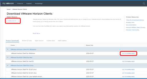 Screenshot of Download VMware Horizon Clients showing that the latest version is selected and Go to Downloads is selected