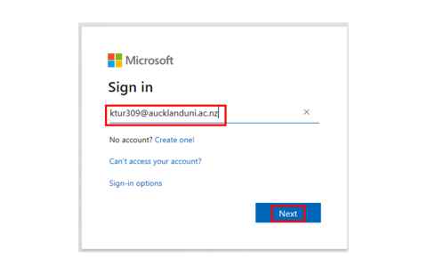A Microsoft sign in page with a University student email address outlined in red.