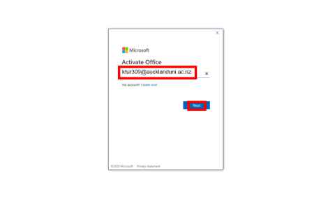 A screen with the heading 'Activate Office', a University student email and a 'Next' button outlined in red.