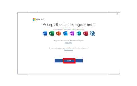 A page with the heading 'Accept the licence agreement' and a blue 'Accept' button at the bottom highlighted in red.
