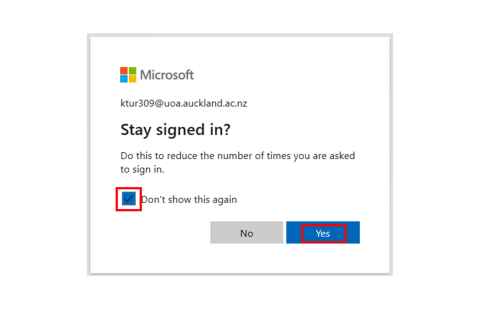 A pop-up box with the heading 'Stay signed in?', a box ticked by the words 'Don't show this again' and the yes button outlined in red.
