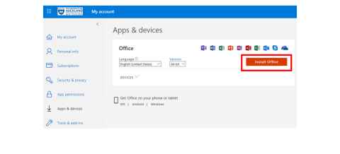 A page headed 'Apps & devices' with an 'Install Office' button on the right side outlined in red.