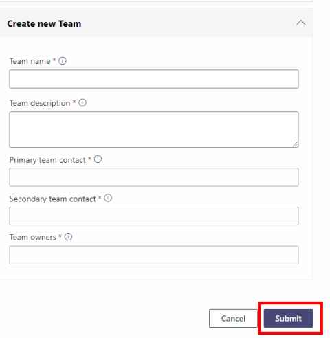A form with the heading 'Create new team' and a 'Submit' button outlined in red at the bottom.