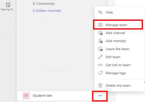 A menu beside 3 dots outlined in red with 'Manage team' at the top also outlined in red.