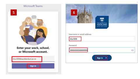 A Teams sign-in page with a University email and 'Sign in' in red beside a University sign-in page with username, email and 'Sign in' outlined in red.