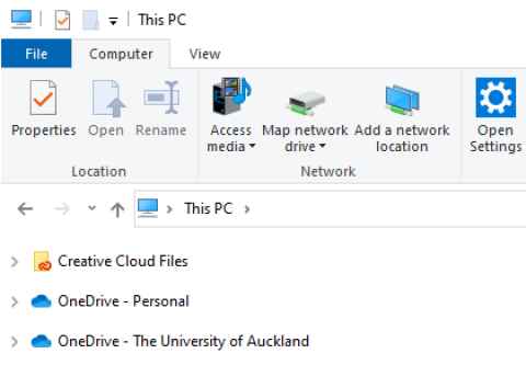 A screenshot from File Explorer showing two OneDrive icons - 'OneDrive - Personal' and 'OneDrive - The University of Auckland'