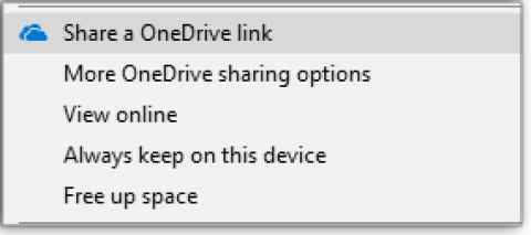 OneDrive options: Share a OneDrive link; More OneDrive sharing options; View online; Always keep on this device; Free up space.