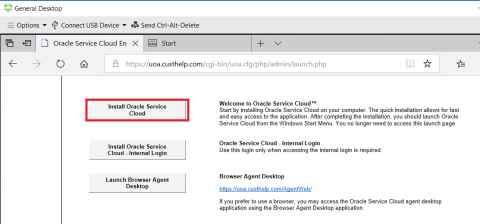 Screenshot showing Oracle Service Cloud installation. "Install Oracle Service Cloud" is highlighted. At the bottom of the screen, after the question "Do you want to open RightNow Installer application (8.9 KB) from installer-uoa.custhelp.com?, "Open" is highlighted..