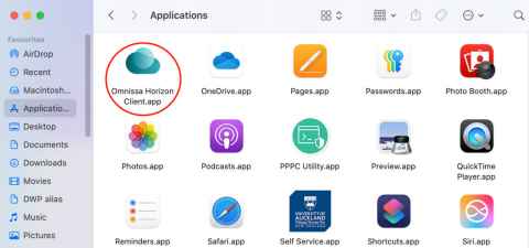 Screenshot of Applications, highlighting Omnissa Horizon Client.app