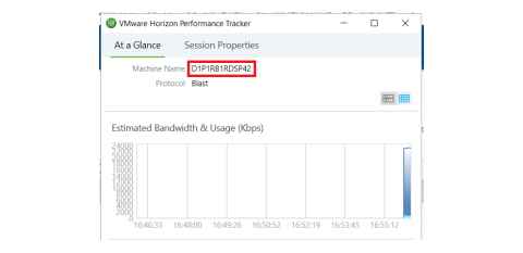 Screnshot showing VMware Horizon Performance Tracker. Under the heading At a Glance, a machine name is highlighted.