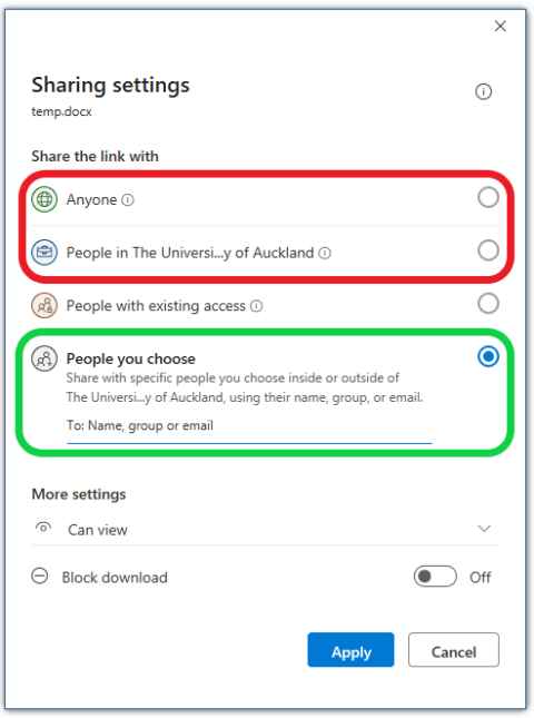 A screenshot showing sharing settings with 'people you choose' selected.