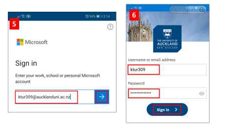Two sign-in pages - one on the left with Microsoft at the top, showing a username field with a University username, and the University's sign-in page on the right.