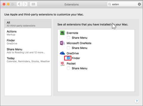 A screenshot of a list of extensions, with 'Finder' (under OneDrive) ticked.