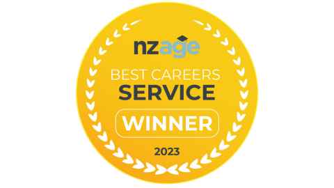 Winner's badge from the 2023 NZAGE Awards for the Best Careers Service