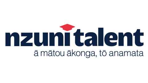 NZUni Talent logo, dark blue writing on white background with a red motarboard icon