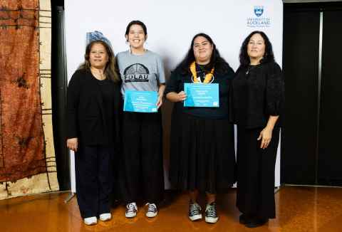 Waipapa Tātai Hono Awardees Ruby Macomber from Moana Oceania Academic Initiative and Tyla Harris Lafaele from Leadership Through Learning and Te Fale Pouāwhina, pictured with Pro Vice-Chancellor Pacific Jemaima Tiatia-Siau and Pro Vice-Chancellor Māori Te Kawehau Hoskins.