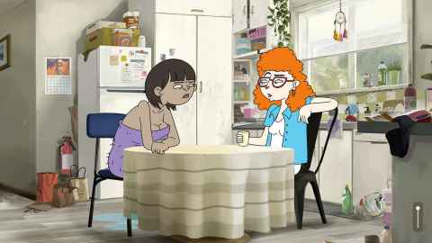 graphic of flatmates sitting at a table looking awkward