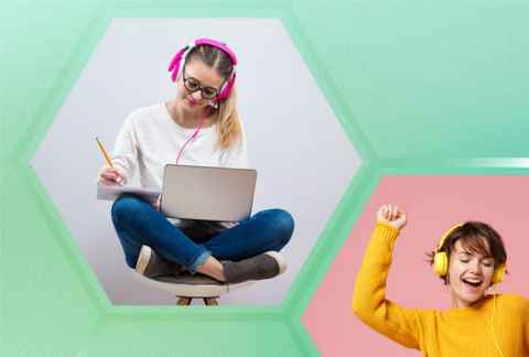 Image of students studying and dancing with headphones on.
