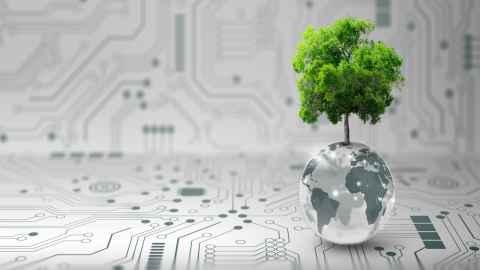 Image of a clear globe with countries in grey and a tree growing out of the top of the globe. The background is a graphic of black and white computer circuitry