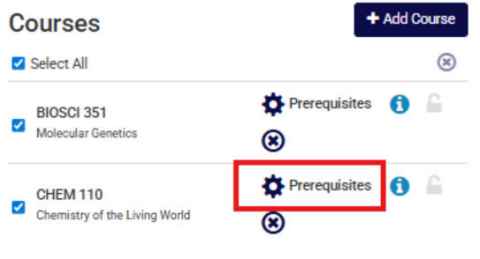 Where to find the Prerequisites icon on Timetable Planner