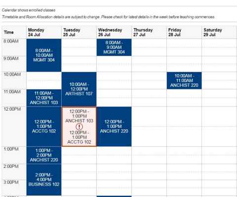 Example of Calendar of enrolled classes with timetable and room allocation details.