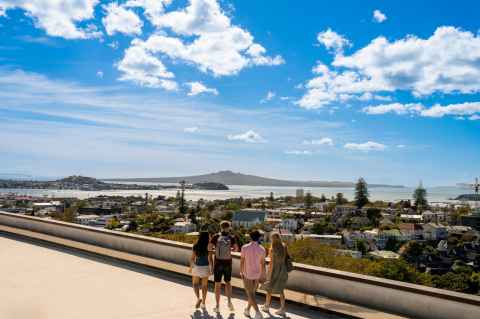 Study Abroad students and a view of Auckland harbour