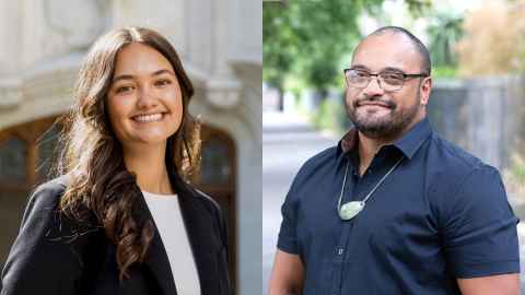A profile photo of a woman next to a profile photo of a man, both on campus at the University of Auckland