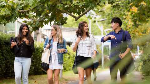 A group students walking and chatting through university campus.