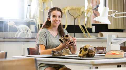 A student holding a skull skeleton model