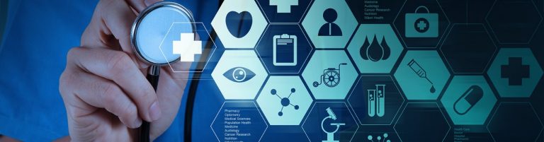 Health-related symbols laid over an image of a person with a stethoscope. 