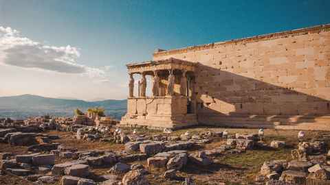 A view of the Erechtheion on Athens's acropolis, complete with caryatids (columns in the shape of women).