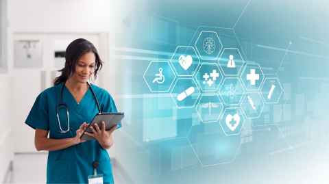 A woman in scrubs, overlaid with a digital image of health-related icons.