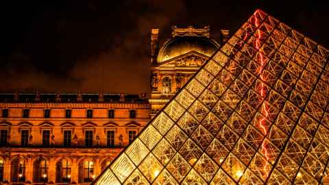 Parisian buildings at night.