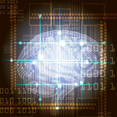 A composite image of the outline of a human brain and binary code.