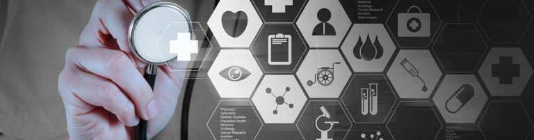 A hand holding a stethoscope up against icons showing different medical attributes