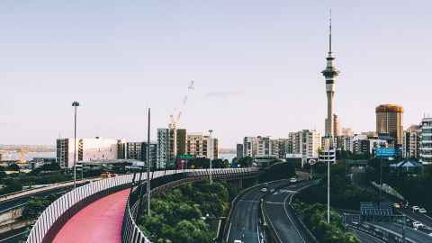 Auckland, with motorways and the Skypath in the foreground.