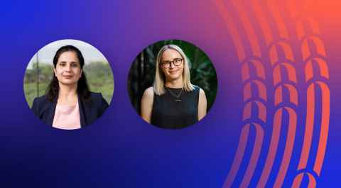 Profile photos of speakers on a vibrant blue background with orange woven motif