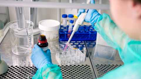 Hands and arms of a researcher wearing gloves and a gown. They are using a micropipette to transfer small liquid into a multi-well plate.