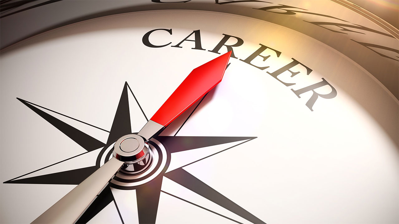 Career text overlaid on a compass