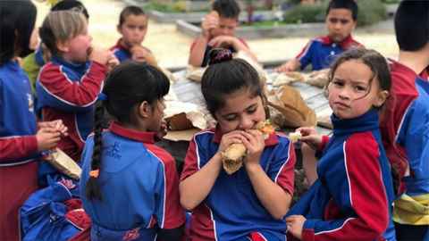 A group of primary school aged children in school uniform seated at a table outside, eating sandwiches
